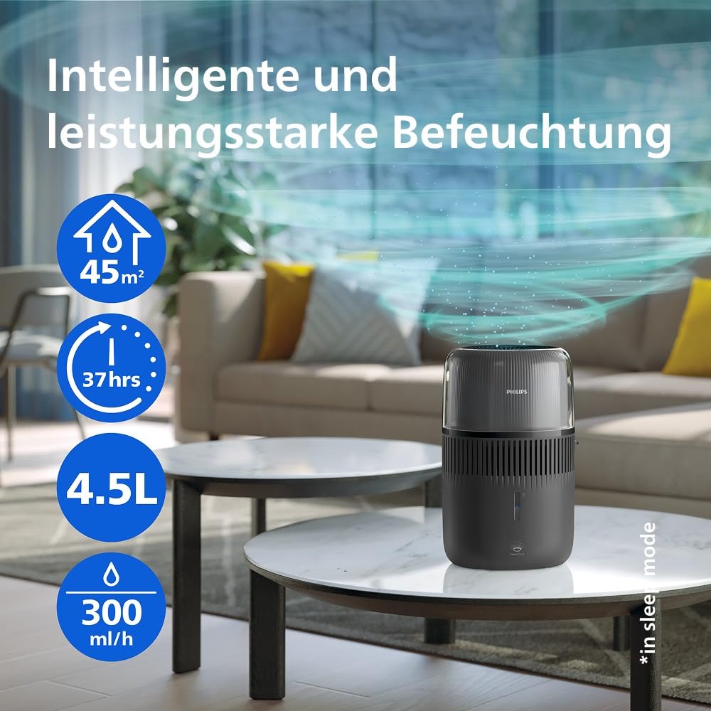 Philips 5000 Series Smart Verdunstungsbefeuchter 45m² 12dB leise NanoCloud 300 ml/h 4,5L Tank Schwarz HU5600/03