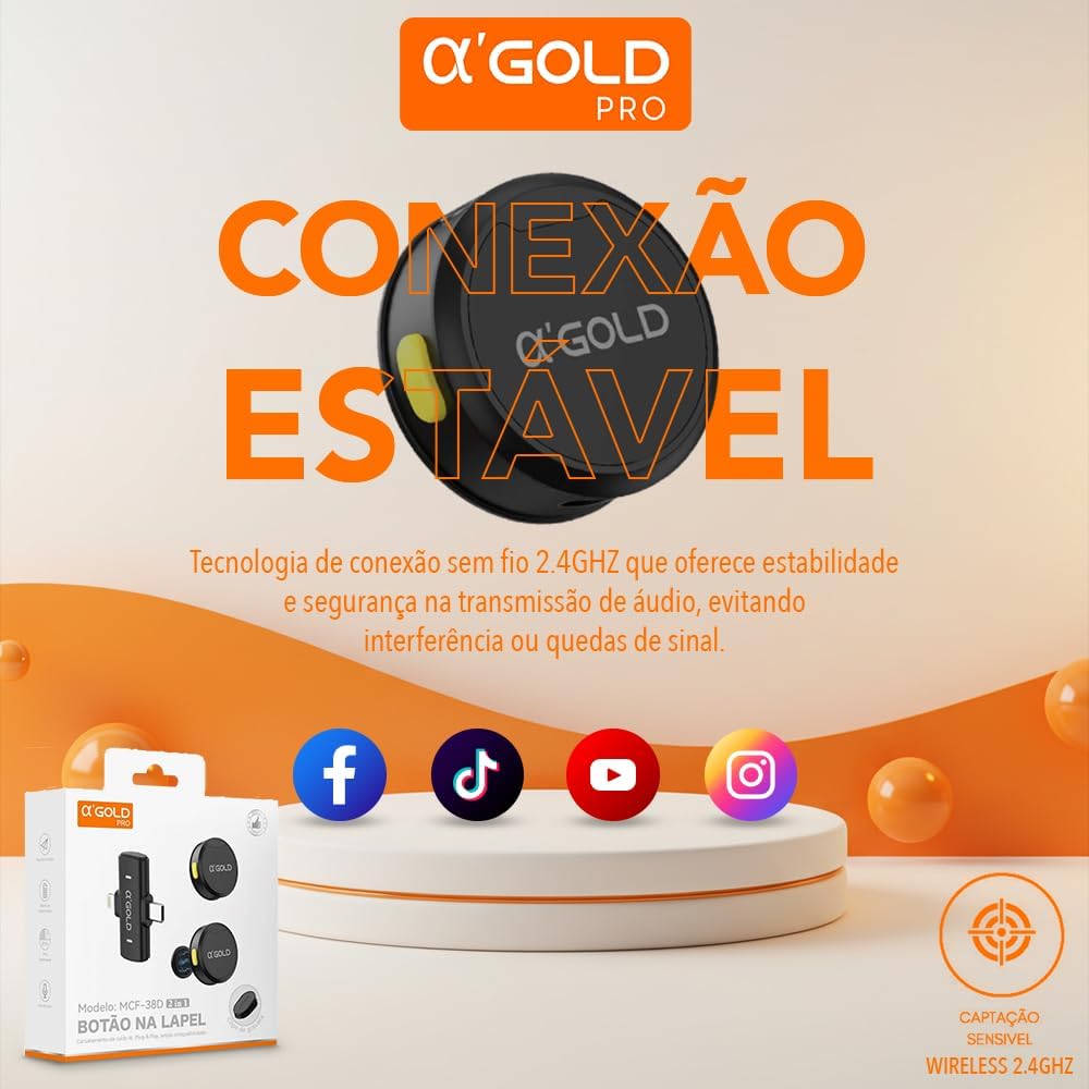 Microfone de Lapela Sem Fio Bluetooth Kit 2 Microfonones Abafamento de Ruído Até 10 Horas Tempo de Trabalho Compatível com Camera, iPhone, Android, PC - Conexão Android e USB-C - Linha AGold Premium