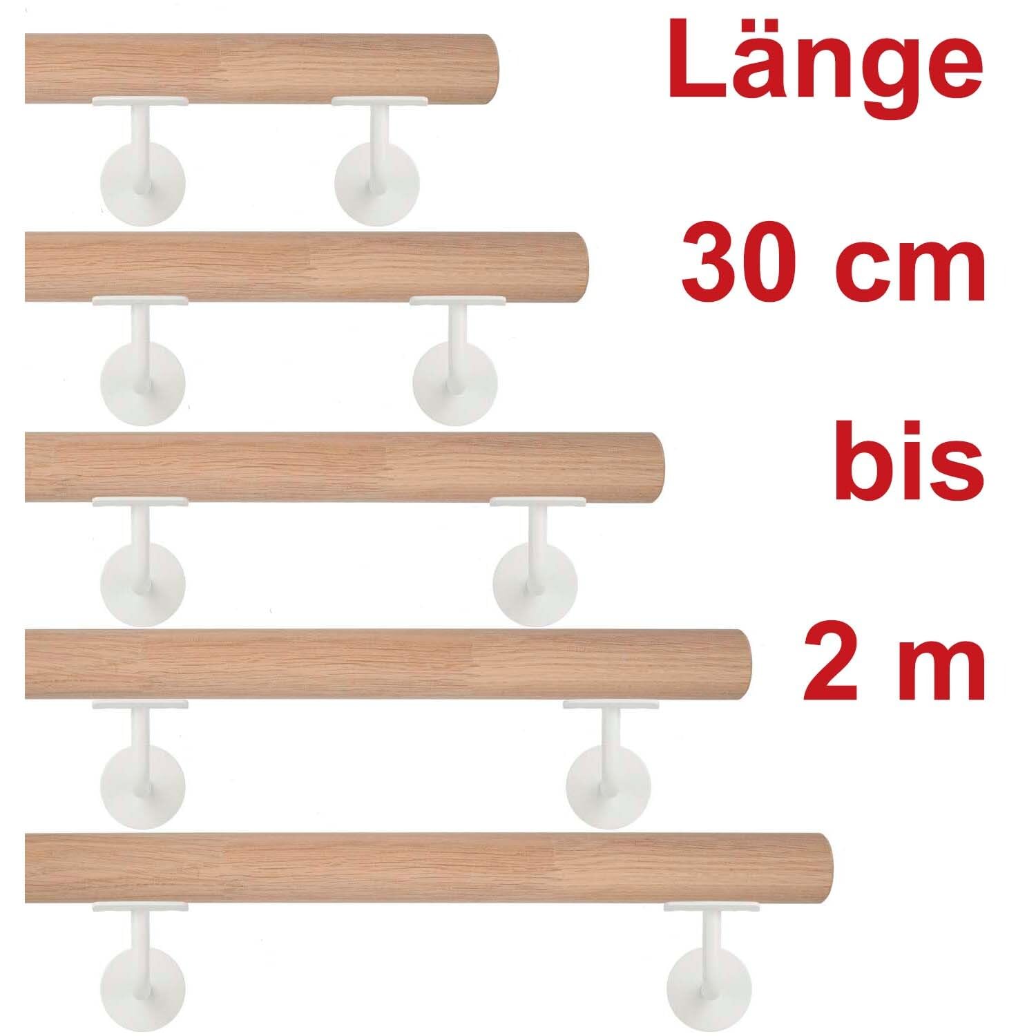 TIBU Eiche Holz Handlauf keilgezinkt unbehandelt Geländer 0,3m - 6m, Länge 130 cm und 2 Edelstahl Halter Weiss
