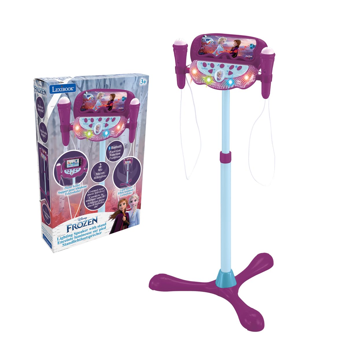 Lexibook Frozen La Reine des Neiges Enceinte Lumineuse sur Pied pour Enfant, Jeu Musical, Hauteur Ajustable, Effets Lumineux, 2 Microphones Inclus, Prise pour MP3, Prise Aux-in, Violet/Bleu, S160FZ