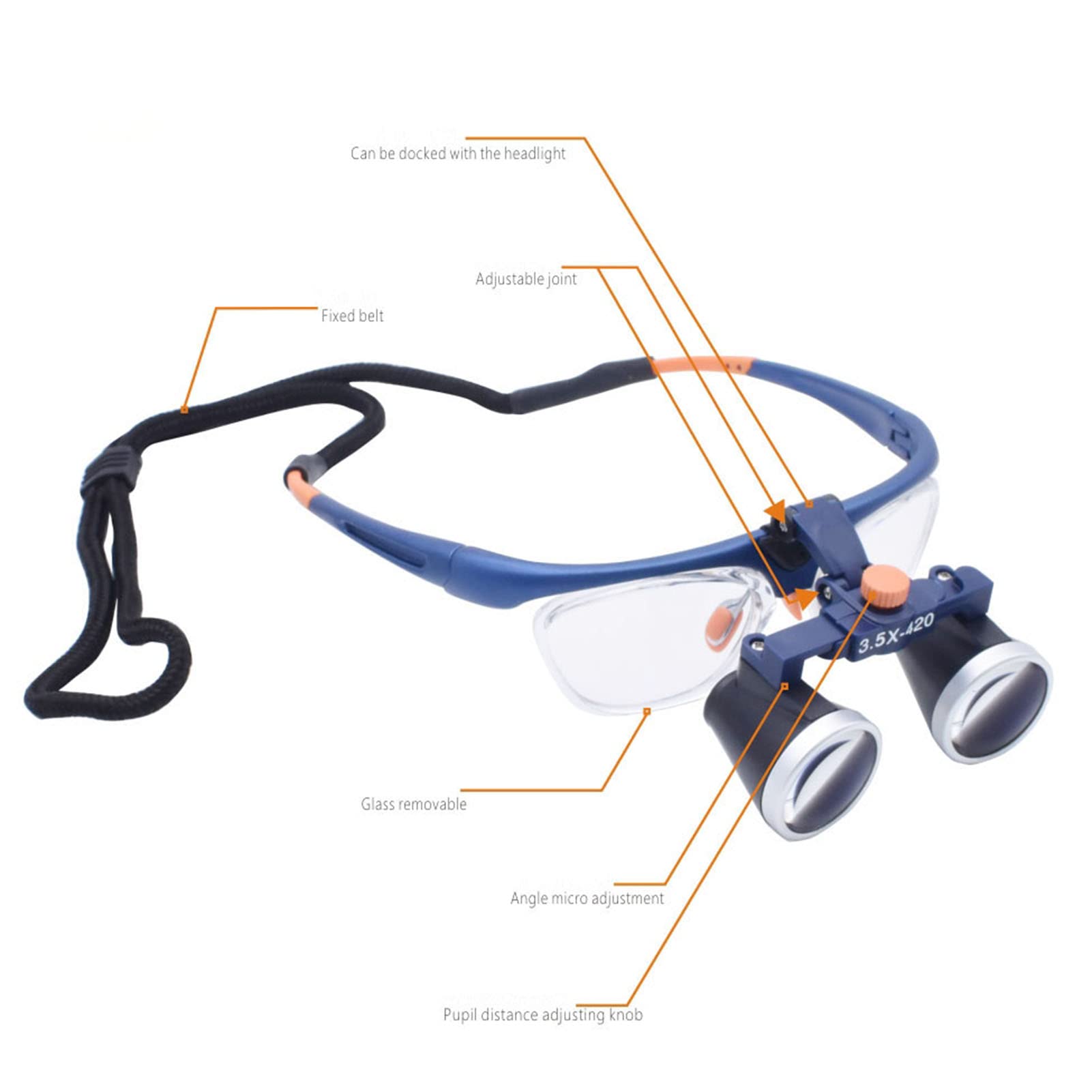 Lupa con Diadema de Lupa de 420 mm, Lupa portátil de Vidrio óptico Binocular para joyería, artesanía, Reloj, pasatiempo (Aumento Azul: 3,5X)
