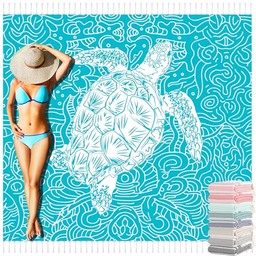 Image of Oversized Turkish Beach Towel Blanket Cotton Giant XL Sandproof Towels Huge Linen XXL Extra Large Big Throw Quilt Blankets for Adults Cloud Travel Camping Glamping Accessories Essentials Turtle