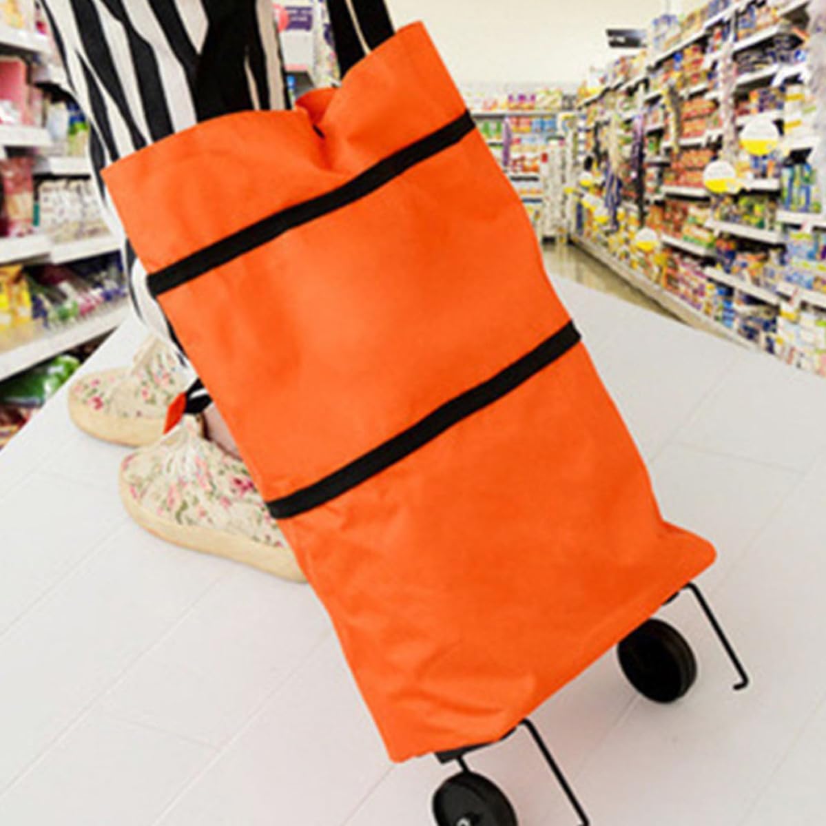 Folding Shopping Trolley Cart with Wheels Large Capacity Oxford Cloth Grocery Bag Portable Utility Cart for Laundry and School Supplies