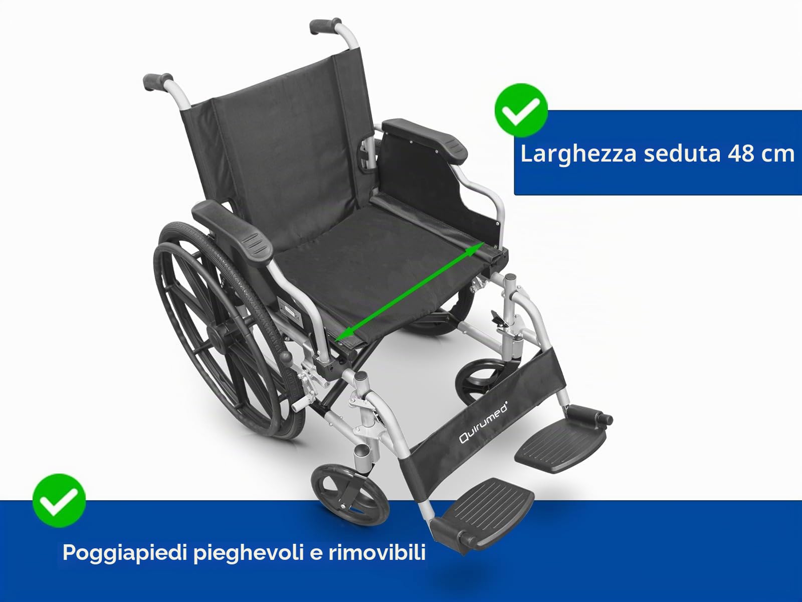 QUIRUMED Sedia a rotelle in alluminio, Pieghevole, Seduta 48 cm, Braccioli pieghevoli e rimovibili, Poggiapiedi pieghevoli, Freni a mano