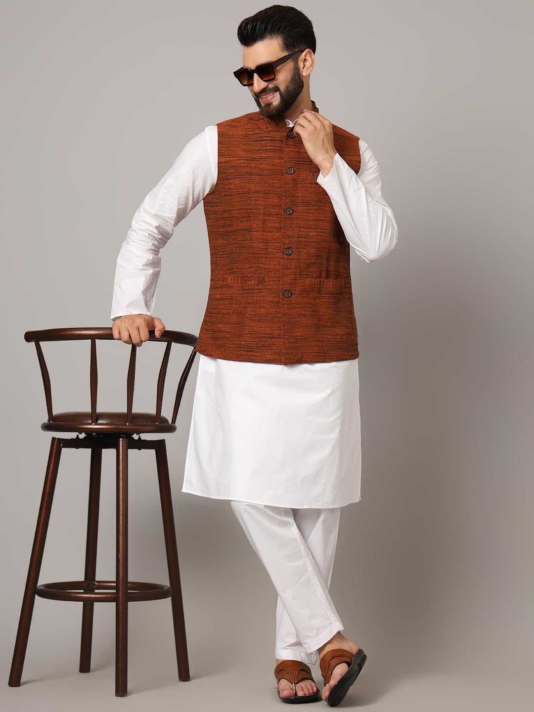 LATEST CHIKAN Men's Nehru Jacket/Waistcoat Sophisticated Ethnic Wear - SADRI-DK-BR-40 - Image 2 thumbnail
