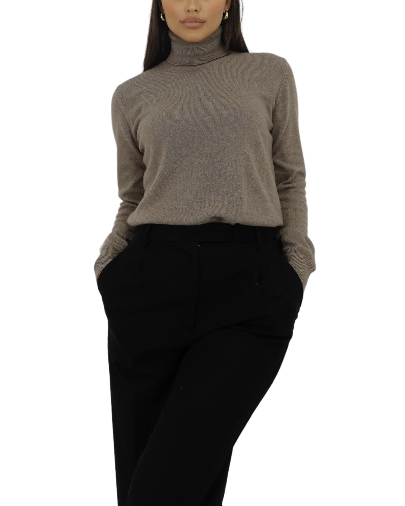 Win's Women's Wool and Cashmere Turtleneck Sweater, Made in Italy, Taupe, S