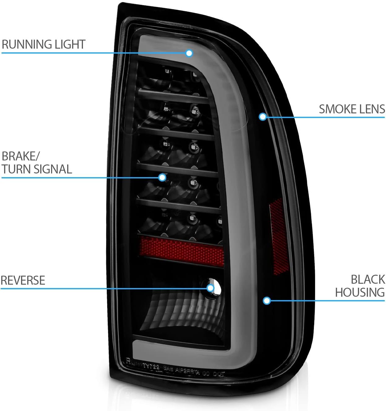AmeriLite for 2000-2006 Toyota Tundra Standard | Access Cab C-Type LED Tube Smoke Black Replacement Brake Tail Lights Pair - Passenger and Driver Side