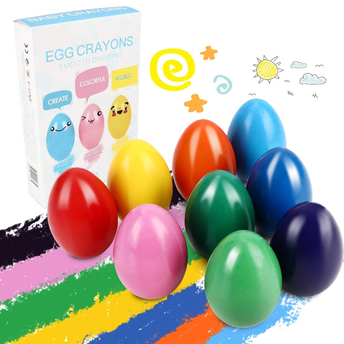 Palm Grip Crayons Set, 9 Vibrant Colors, Non Toxic, Washable, Stackable, Easy to Hold and Use, for Kids, Baby, Children, Boys and Girls (Egg-Shaped)