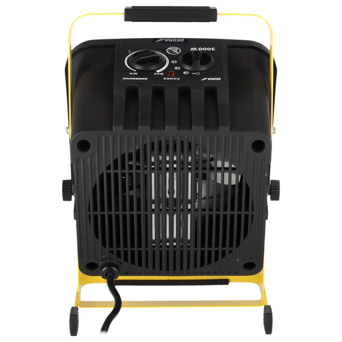 DEDRA Calefactor eléctrico PTC 3,0 kW, cuadrado, negro, con soporte, elemento calefactor cerámico, termostato, protección contra sobrecalentamiento, tres modos de funcionamiento, ángulo ajustable