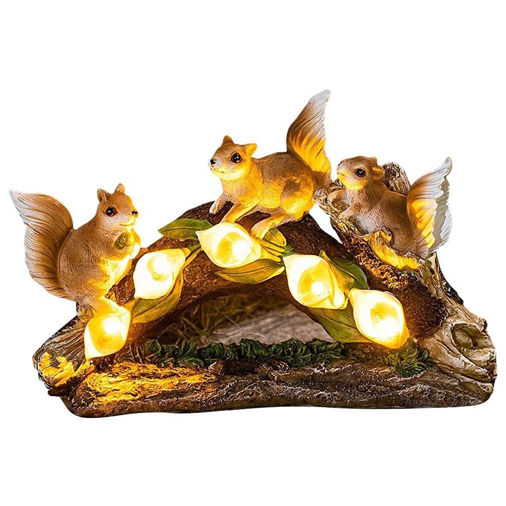 Solar Powered Squirrel Statue Resin Garden Sculpture with LED Light Weatherproof and Easy Installation (Warm White)