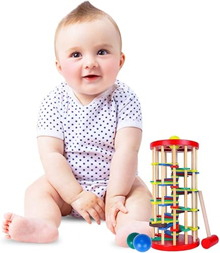 Miniatura 7 de ROLENUNE - Juguete de bola de madera para niños, banco de golpeteo, martillo, rampa, rollo, juguete educativo Montessori, regalo para bebés y niños