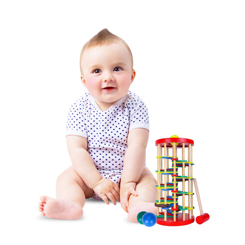 ROLENUNE Juguete de bola de madera para niños, martillo y rampa, juguete educativo Montessori, regalo para bebés y niños pequeños de 3, 4 y 5 años