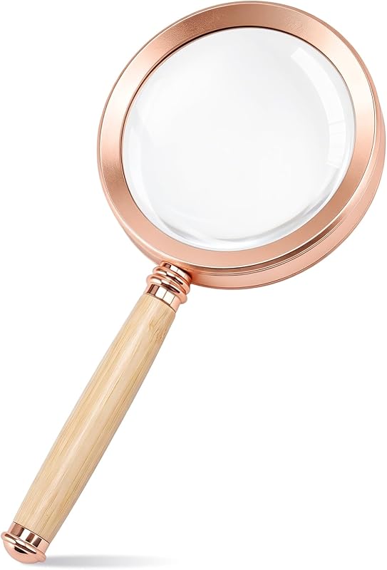Magnifying Glass, 10X Antique Magnifying Glasses with Bamboo Handle, Aluminium Alloy Frame, 75 mm Magnifying Glass for Reading Hobbies Book Lovers Seniors Scientists Inspection Insects (Gold)