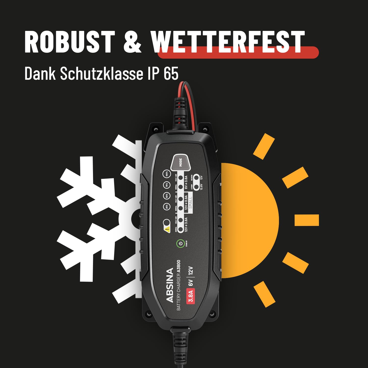 ABSINA 3,8 A Batterieladegerät KFZ für 6V & 12V Blei Batterie bis 120Ah & 12,8V Lithium - Ladegerät Autobatterie - AGM Ladegerät für Auto Motorrad Wohnwagen - Erhaltungsladegerät