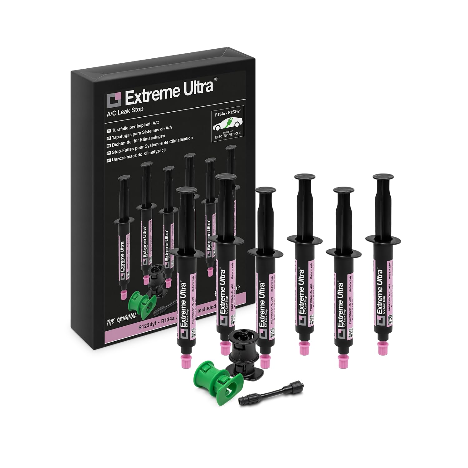 ERRECOM Extreme Ultra - 6 x 6 ml, Sellador de Fugas para Sistemas de Aire Acondicionado de Automóviles, incluye les adaptadores R134a y R1234yf