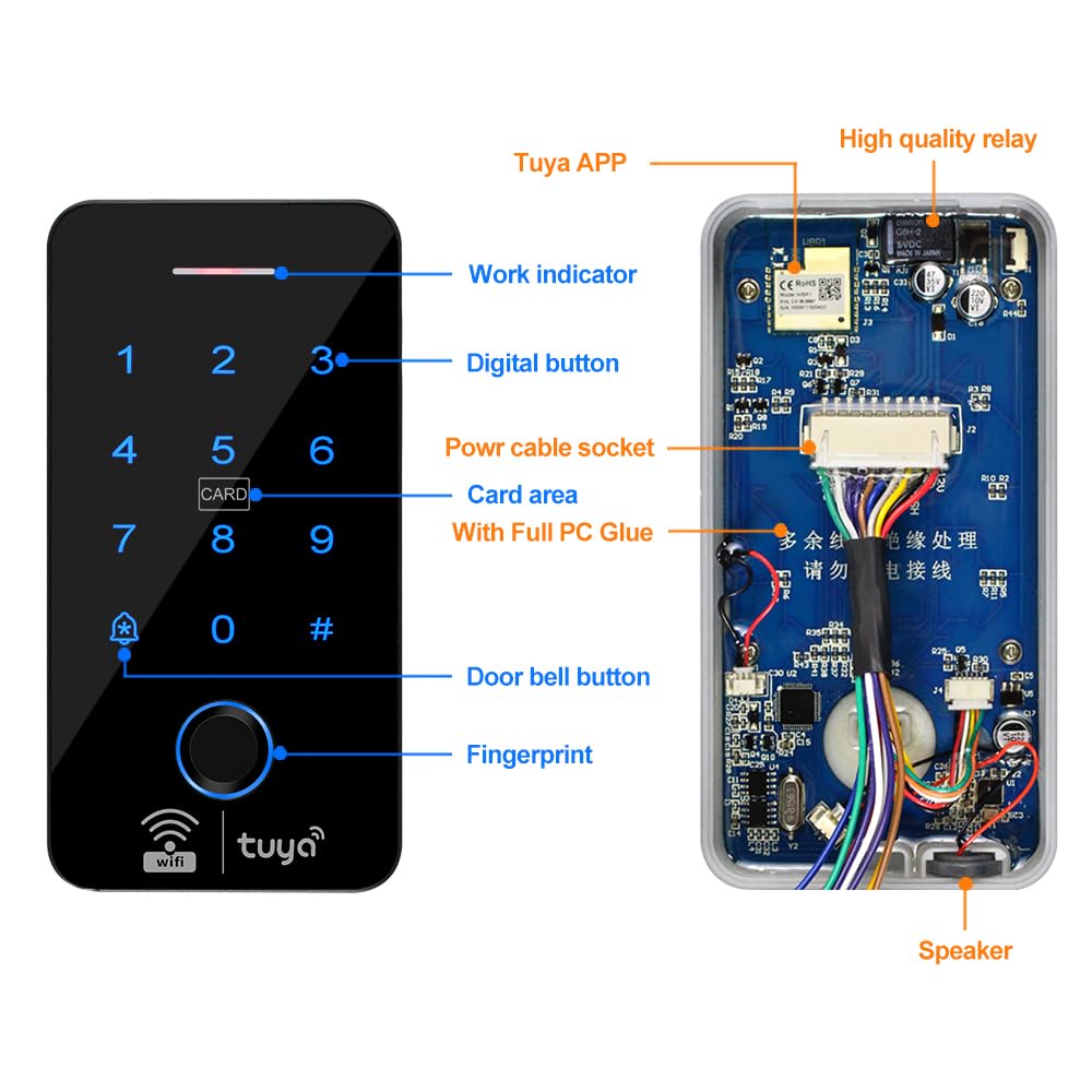 WiFi TUYU - Teclado con sistema de control de acceso IP68 impermeable con huellas dactilares, entrada remota para teléfono móvil, compatible con 125 KHZ/13.56 MHZ, WG26/34 bits, con 10