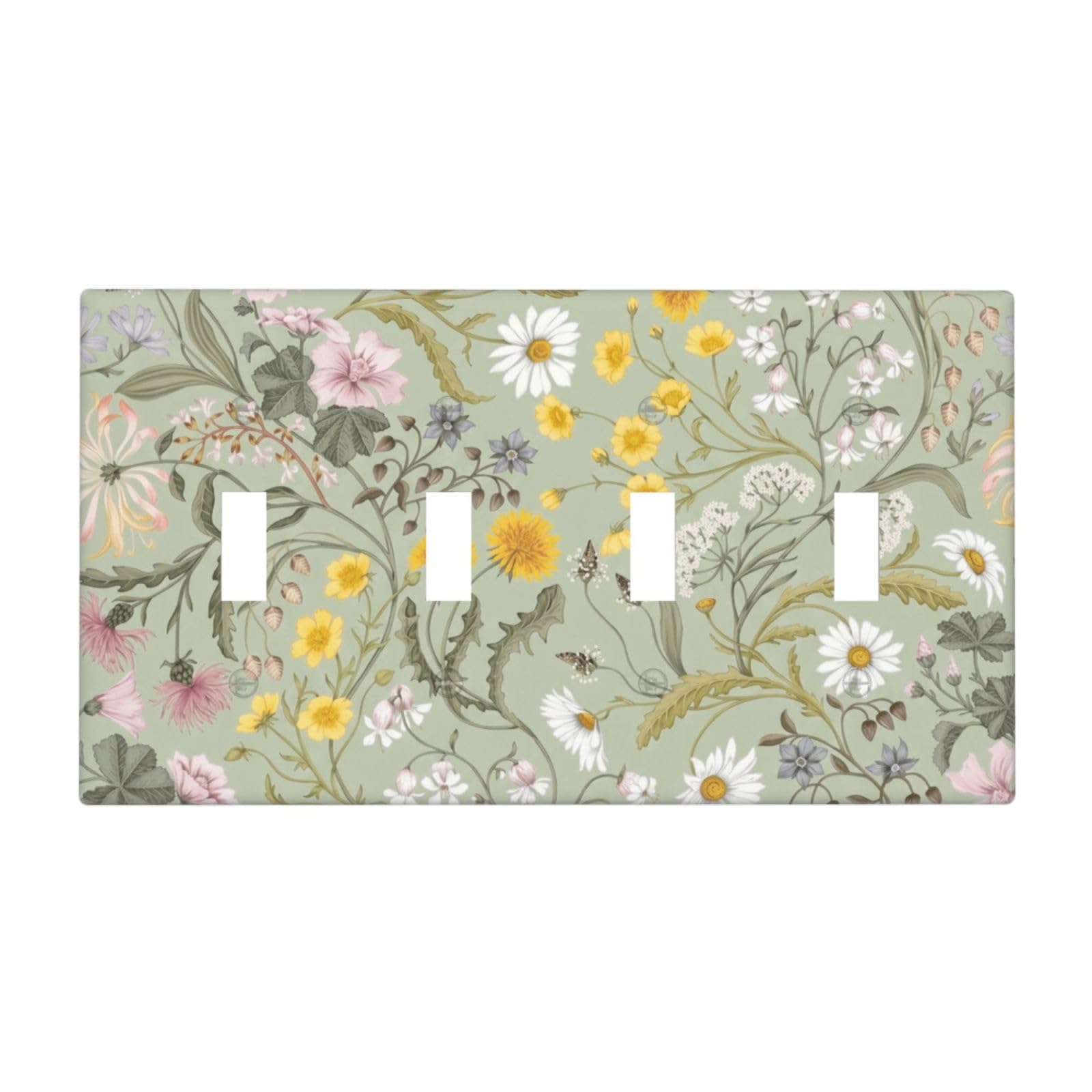 JDAKHD Decorative Light Switch Plate Covers Sage Green Wildflower Daisy Floral 4 Gang Artistic Wall Plate Unique Vintage Floral Quad Toggle Light Switch Covers for Neutral Botanical Decor
