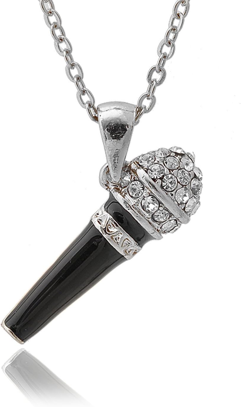 Spinningdaisy Crystal Black Karaoke Microphone Necklace (Silver Plated)