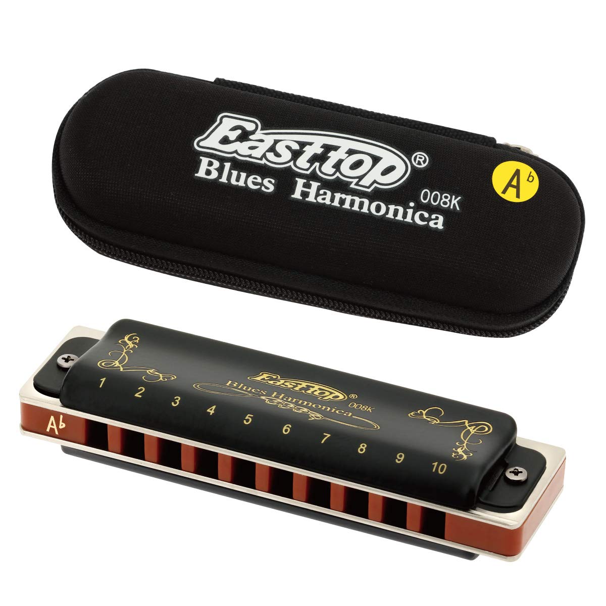 East Top Mundharmonika Tonart Ab 10 Löcher 20 Töne 008K Diatonische Blues Mundharmonika mit schwarzem Gehäuse, erstklassige Mundharmonika für Erwachsene, Profispieler und Studenten