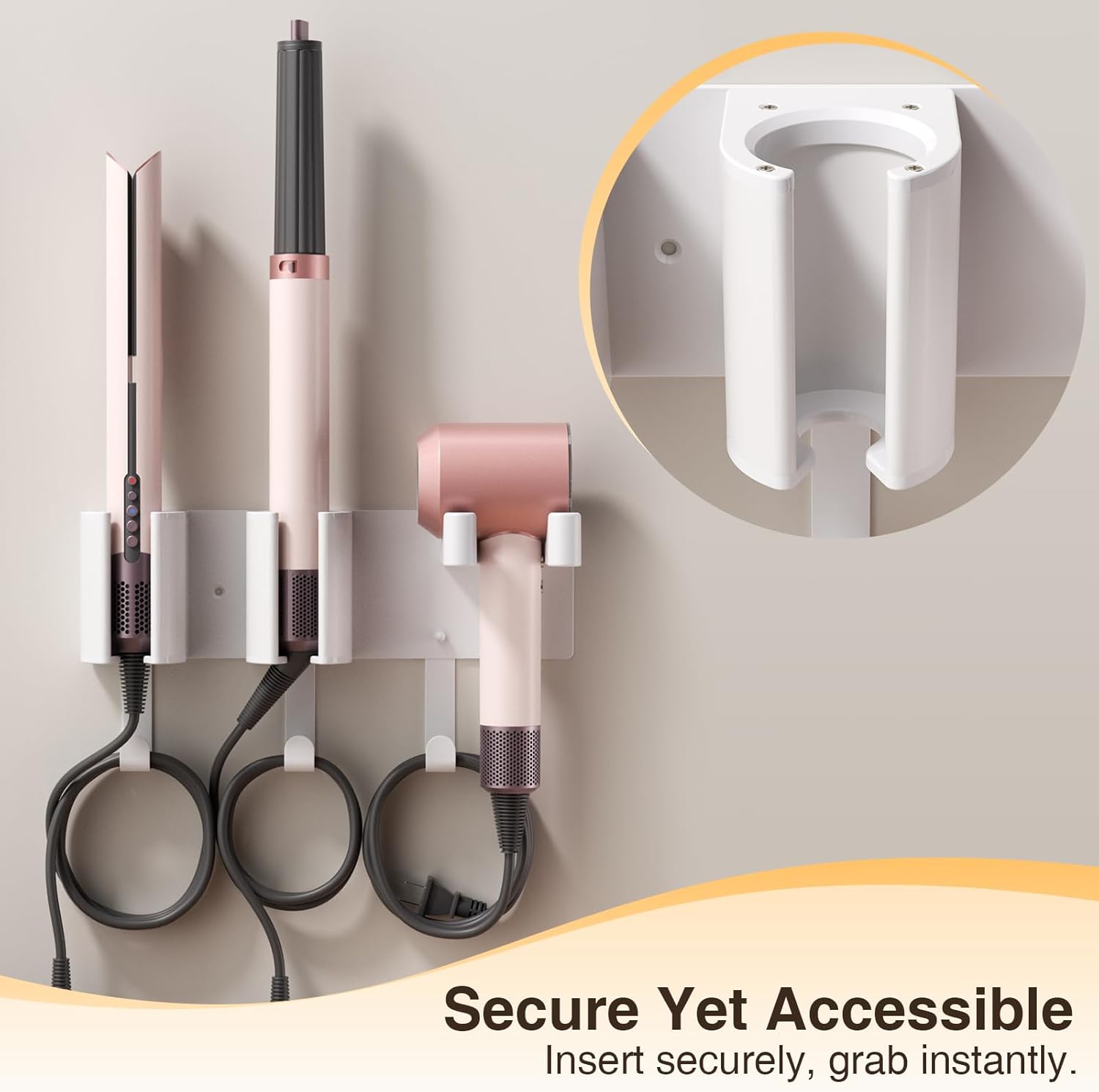Hair Tool Organizer Wall Mount, Hair Dryer Holder, Curling Iron Storage, Wall Organizer for Blow Dryer and Hair Straightener, White (Hair Tools Not Included)