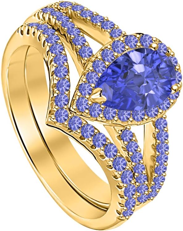 Wonderful Pear Tanzanite 14k Gold Plated 5x7mm Bridal Engagement Wedding Ring V Shaped Band for Women's.