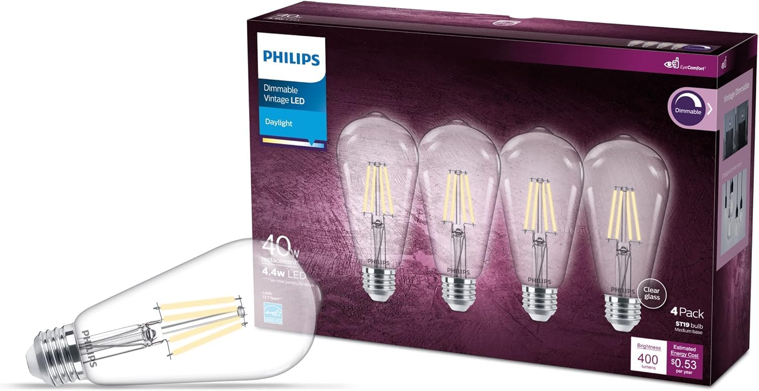 Philip LED Vintage Flicker-Free Clear Spiral ST19, Dimmable, Eye Comfort Technology, 400 Lumen, Daylight (5000), 4.4W=40W, Title 20 Certified, E26 Base, 4PK
