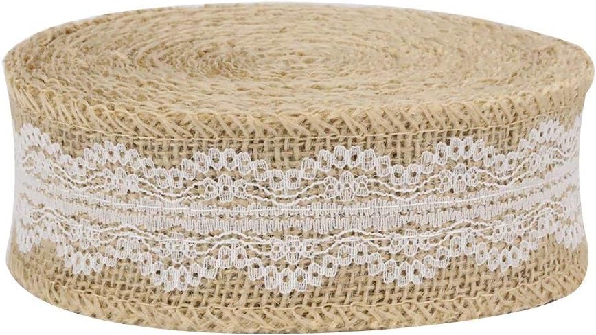 Burlap Ribbon Roll with White Lace - 10 Yard Jute Fabric for Crafts and Decorations - 1.96 Inch Wide, Natural, by Beaulegan