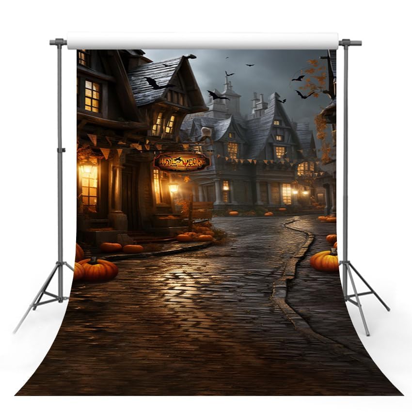 Toile De Fond Photo Halloween Gothique 2.4x1.8 M - Motif Château Effrayant Nuit Citrouille - Pour Studio, Fête, Portrait - 9