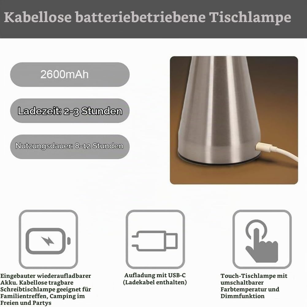 Pilz Tischlampe Kabellos Akku Pilzlampe USB Aufladbar Batterie Pilz Lampe Dimmbar mit Touch Control Tischleuchte Innen und Außen Flowerpot Lampe für Schlafzimmer Kinderzimmer Camping,Silber