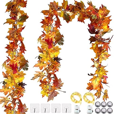 OEMG 2Pcs Autumn Garland with Lights, Artificial Maple Leaf 5.9 ft/Piece + 2 LED String Fake Leaves Vines for Home Outdoor Halloween Thanksgiving Wedding Christmas Decor (AML29) Cover