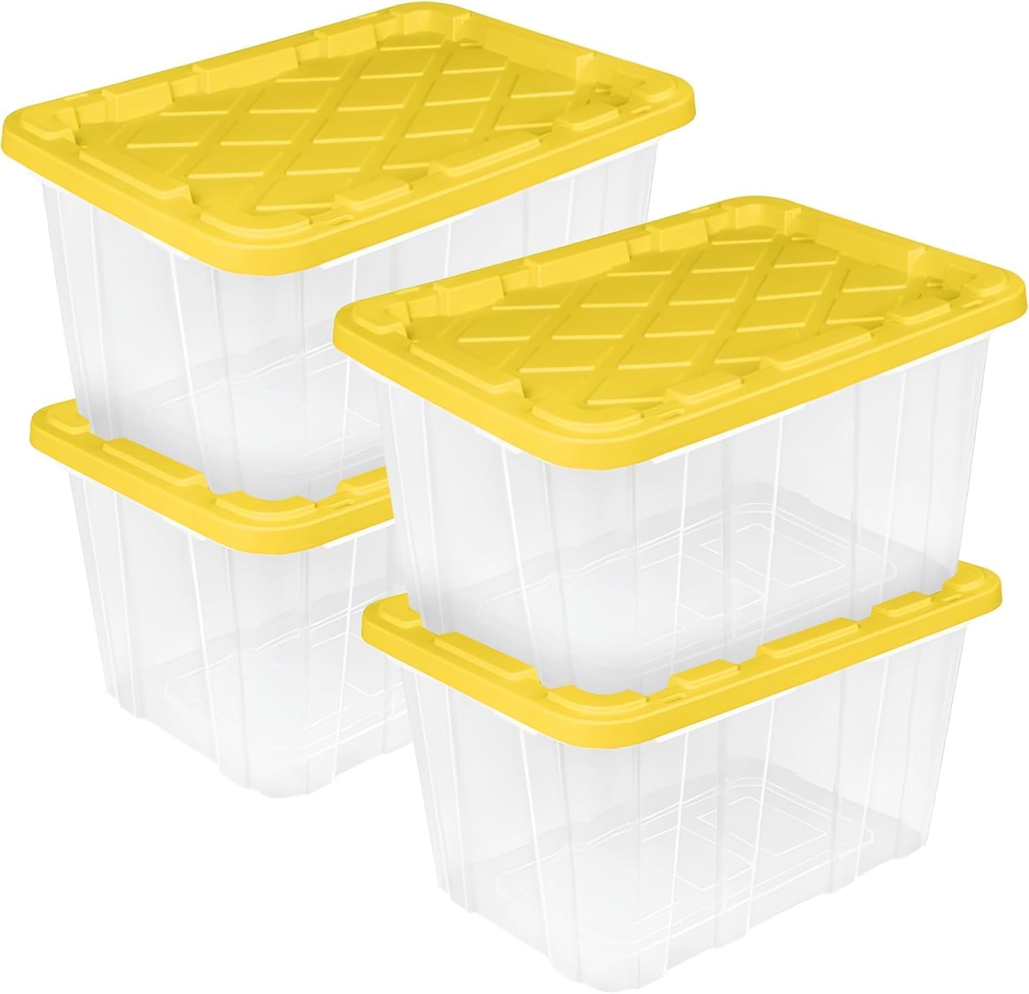 27 Gallon Durable Plastic Storage Tote with Snap-On Lid, Clear and Yellow, 4 Pack, 28.5 x 19.625 x 15.5 Inch