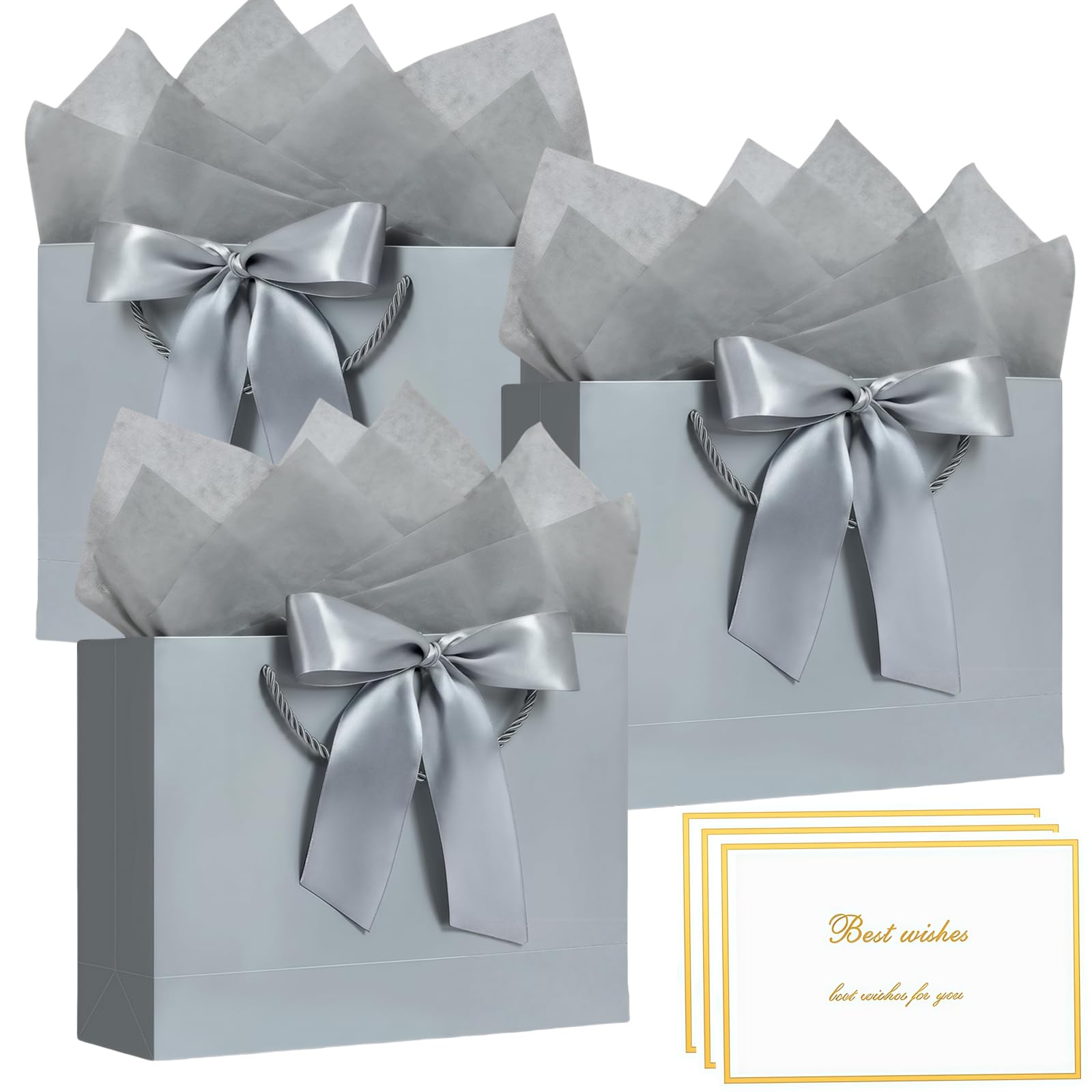 3 Pack Medium Gift Bags with Tissue Paper and Cards, Silver Grey Paper Present Bags with Handles for Birthday Wedding Christmas Thank You Gifts, 28 x 20 x 10 cm
