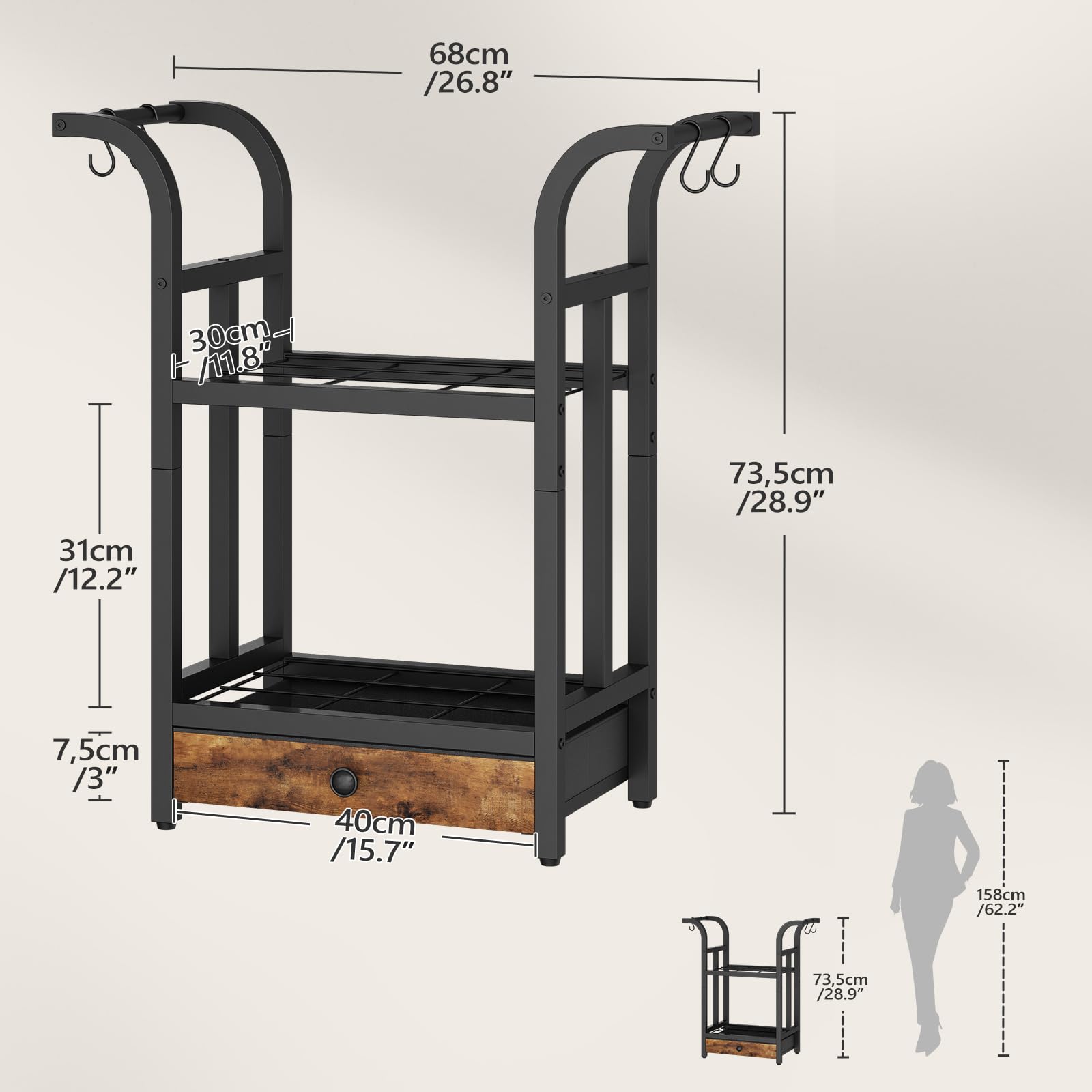 MAHANCRIS Legnaia da Esterno in Metallo, Portalegna 3 Ripiani con 4 Ganci, Scaffale Porta Legna, 68 x 30 x 73,5 cm, in Metallo per Camino, Marrone Vintage e Nero AFKBK4301