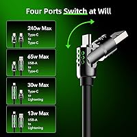 Vista 6 de MFish Cable de carga rápida 4 en 1 con funda, cargador rápido PD 3.1 máximo de 6.6 pies, 240 W, USB-A/USB-C a USB-C/Lightning, compatible