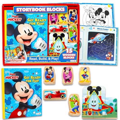 Mickey Mouse Funhouse Wooden Block Figure Activity Set - Disney Mickey Clubhouse Wood Puzzle Blocks for Kids + Bonus Activity Book with Coloring Pages, Activities, Mazes, Games, Story