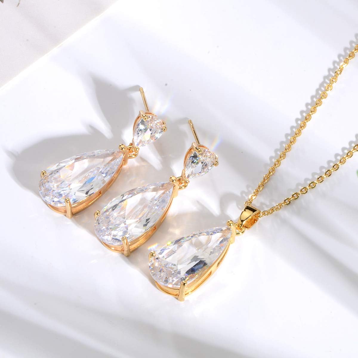 Wedding Jewelry Set for Bridesmaids - Sterling Silver Teardrop CZ Crystal Cubic Zirconia Rhinestone Diamond Bridal Necklace Earrings Set for Bride Mother of Bride Party Prom Birthstone Costume Jewelry