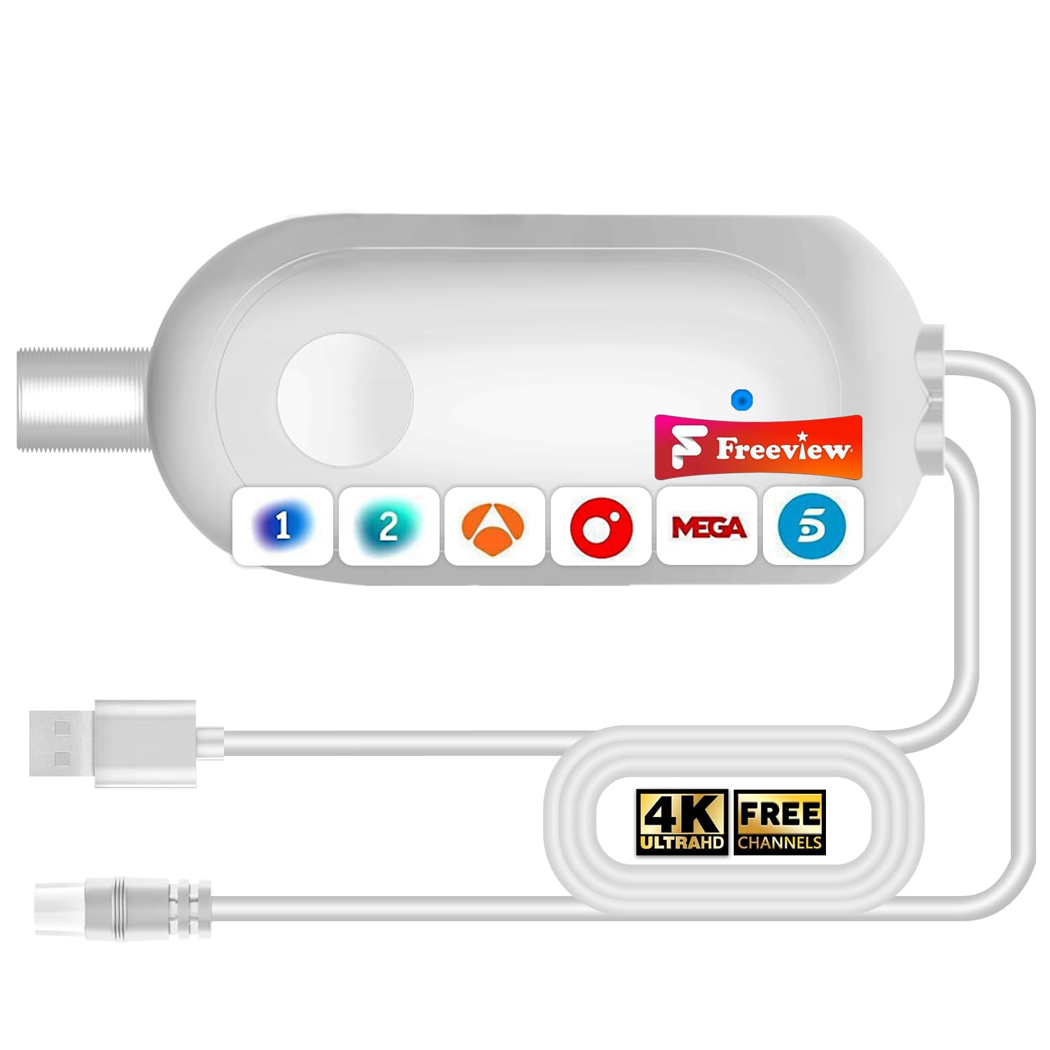 Amplificador de Señal para Antena TV Interior – USB Booster para TDT DVB-T/DVB-T2, Mejora Recepción para Canales HD 4K, Compatible con Smart TV, Cable USB 1 m + Coaxial 0,3 m (White)