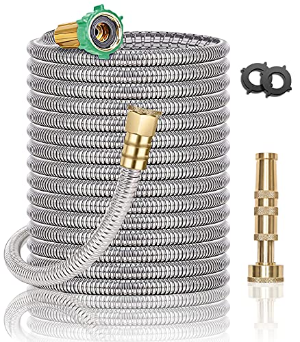 Steel Metal Garden Hose 100Ft - Heavy Duty Lightweight 304 Stainless Steel Metal Water Hose With Brass Nozzle, Durable Fittings, No Kink & Tangle, Puncture Resistant, Easy To Use & Store #TOP4