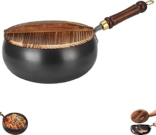 Jinswhdre Cast Iron Skillet, Hand-Forged Japanese Non-Stick Iron Pan with Lid & Wooden Handle, Uncoated Thick Pot for Gas Stoves & Induction Hobs (with Lid,28 cm/11.02in)