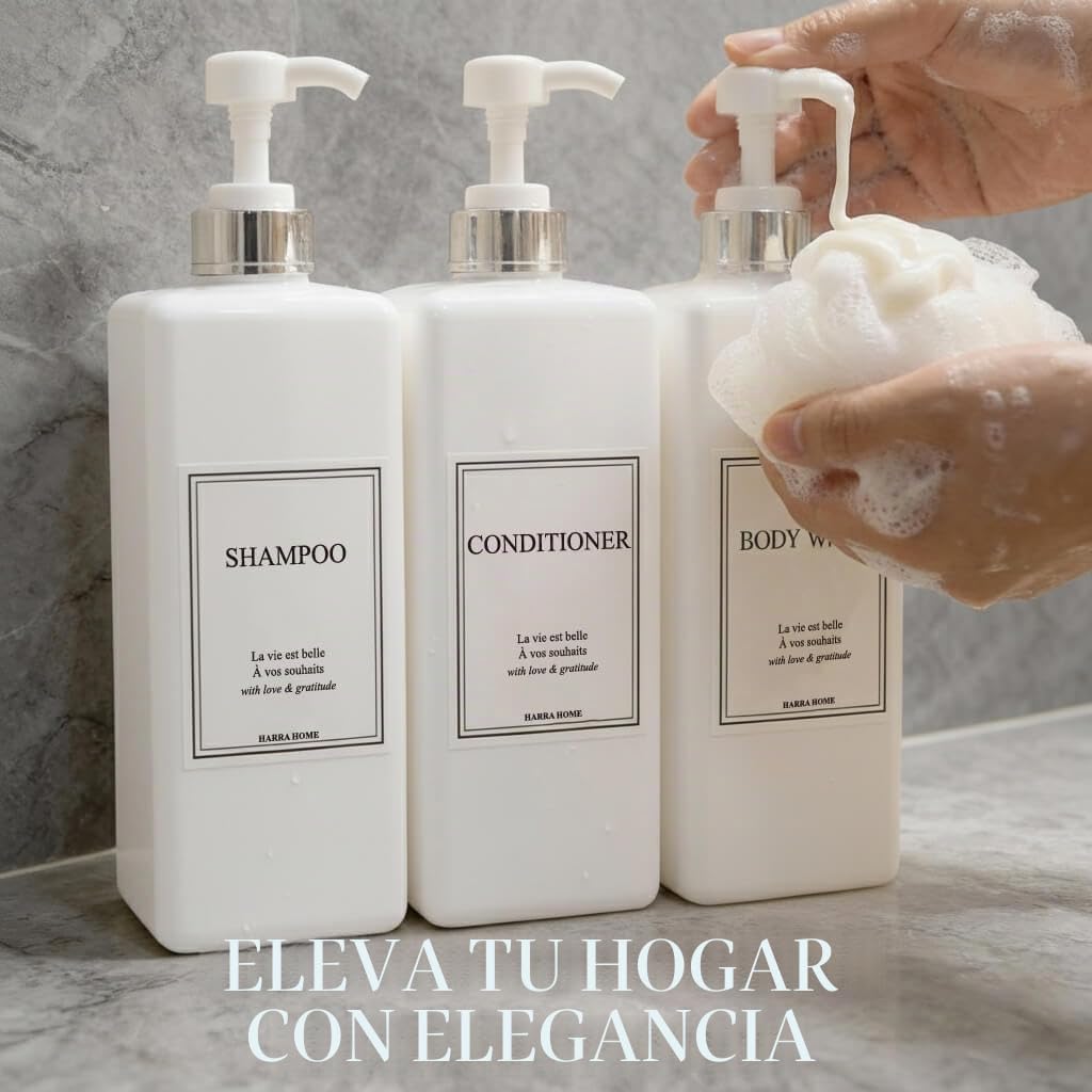Modern Gold Design - Juego de Botellas con Bomba de 27 onzas, dispensador de champú y acondicionador, Botellas vacías de plástico para Ducha con Bomba para loción de baño, Gel Corporal,