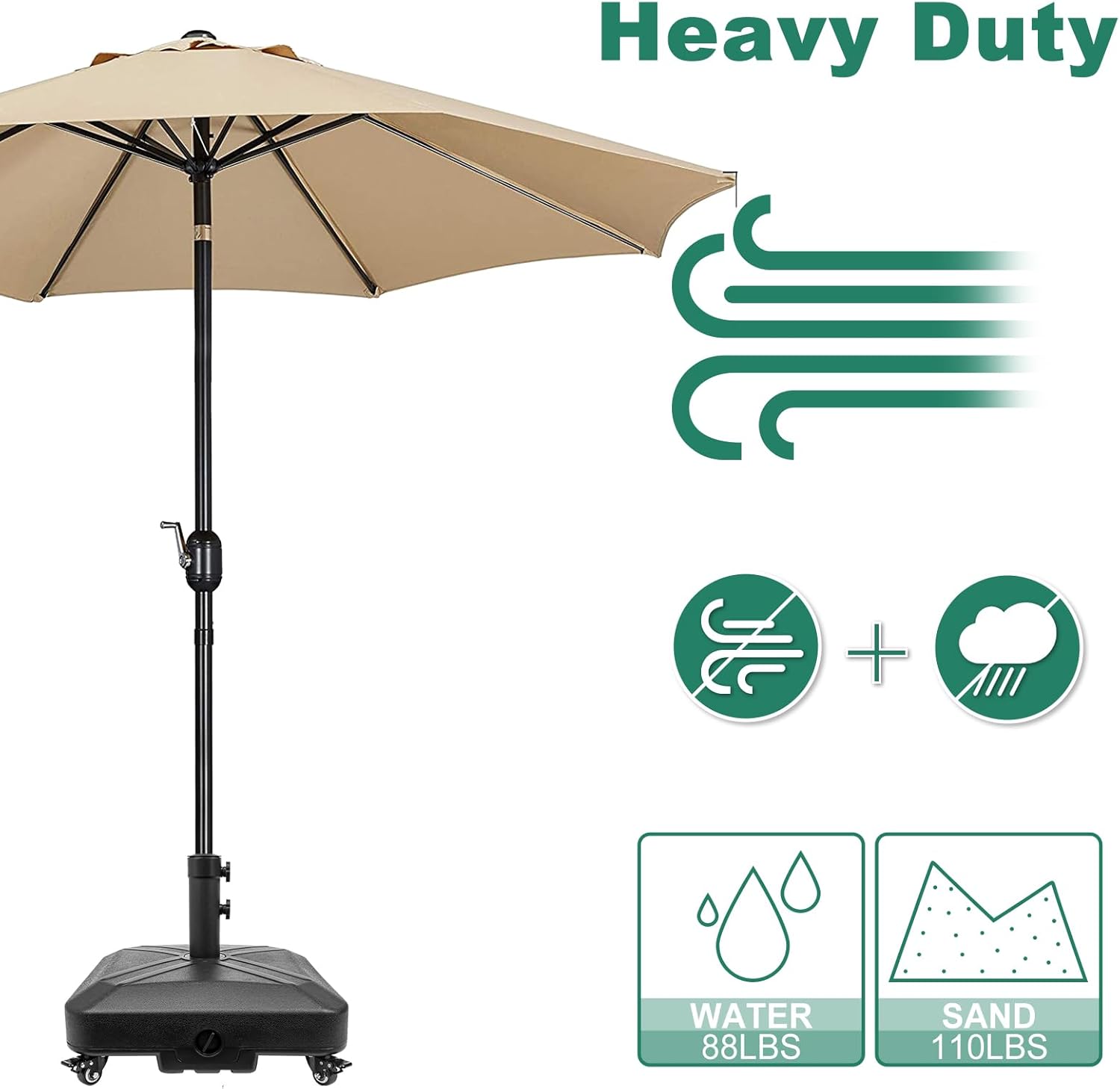 DZ4733 MS Patio Umbrella Base Heavy Duty with Wheels Square Market Stand for Outdoor 4 Locks 1 Knobs 125lb Capacity, Black - Image 4