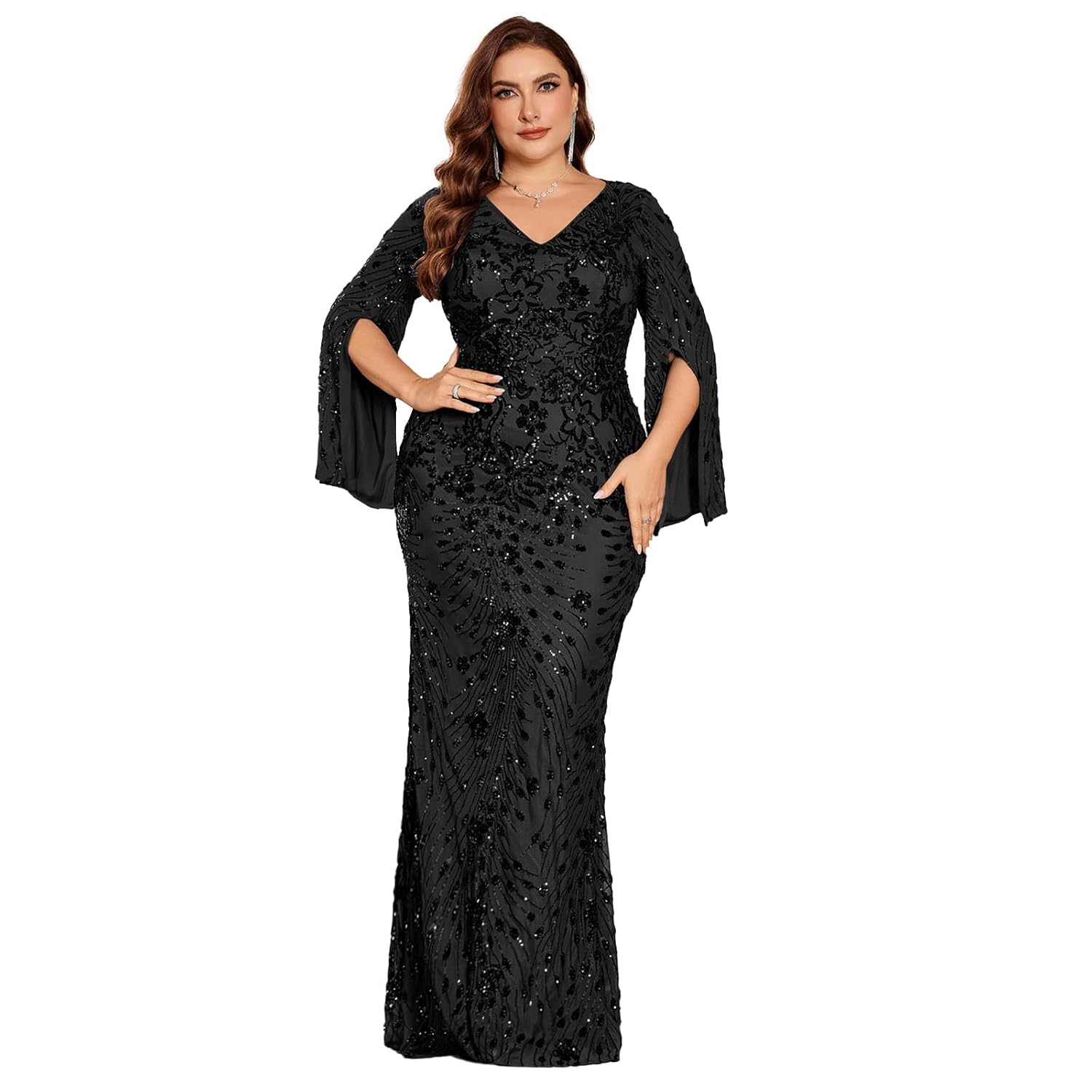 Plus Size Formal Dresses for Women with Embroidery Sequin and Cape Sleeve V-Neck Maxi Dress for Wedding and