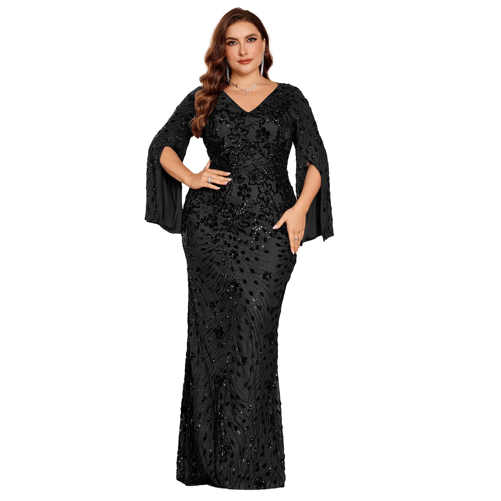 Plus Size Formal Dresses for Women with Embroidery Sequin and Cape Sleeve V-Neck Maxi Dress for Wedding and