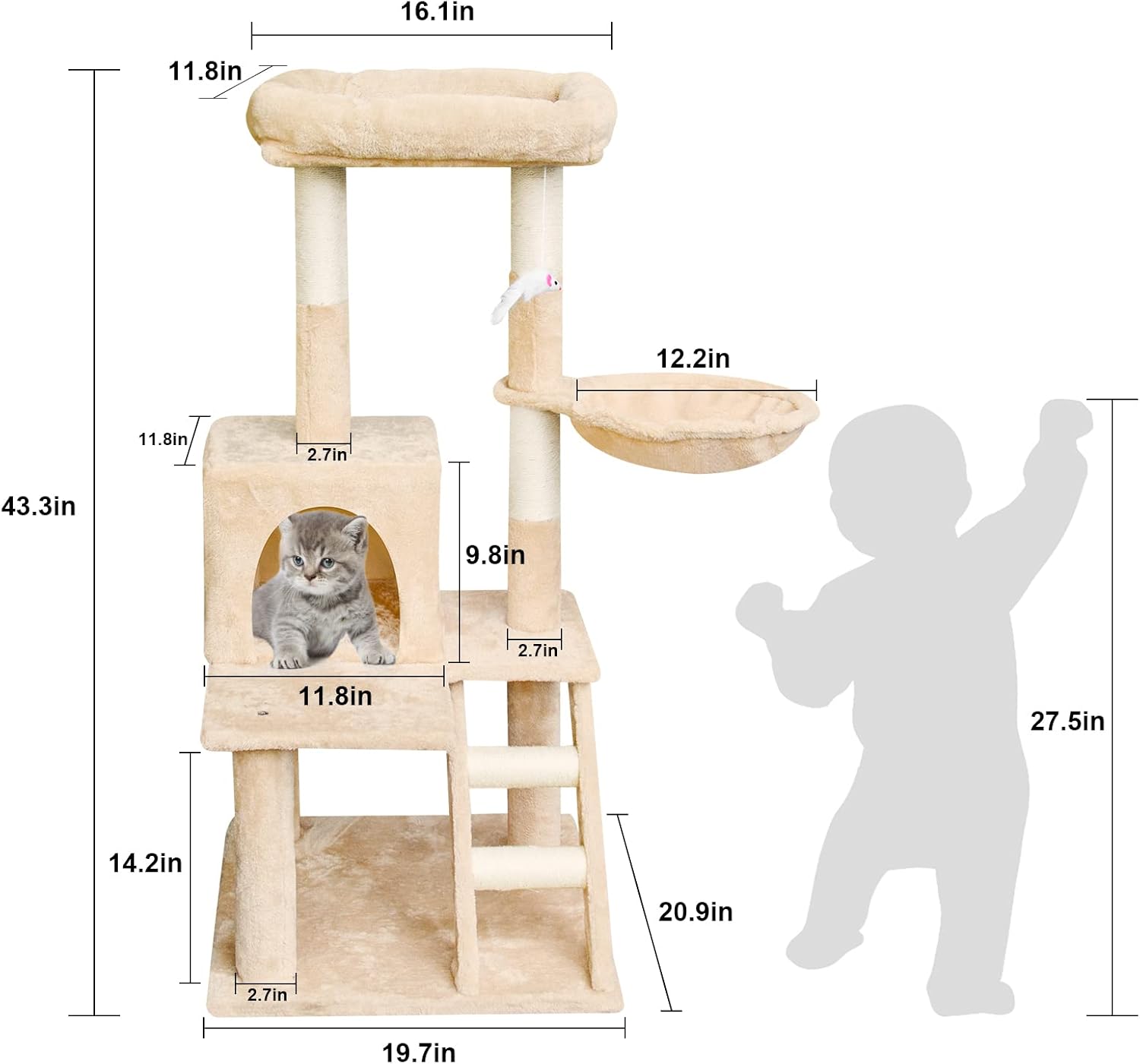 KORIMEFA 43.3in Cat Tree Cat Tower with Natural Sisal Scratching Post, Ramp, Cat Activity Trees with Plush Perch Cat Cave Kittens Condo(Beige)