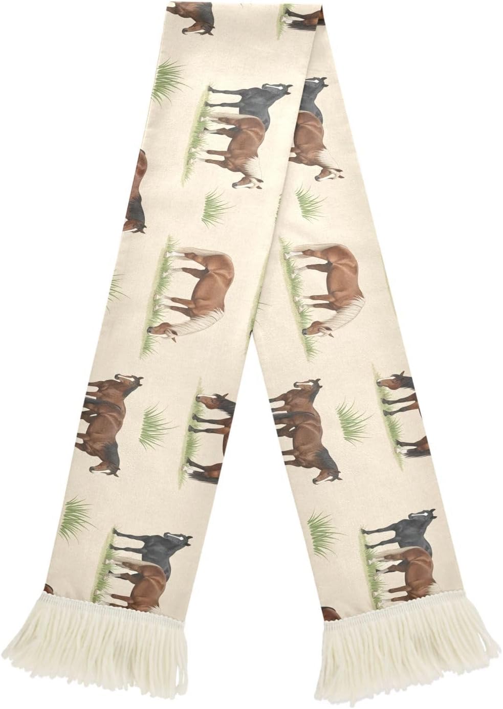 CHIFIGNO Horses Beige Sports Fan Scarf with Fringe Ends, Soft Polyester Sweat Towel Wrap for Soccer Cheering, Quick Dry Rally Accessory