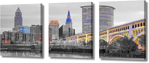 TFIAVSIN 3 paneles de lienzo blanco y negro para pared, diseño panorámico de paisaje urbano nocturno de Cleveland, Ohio, Estados Unidos, pintura
