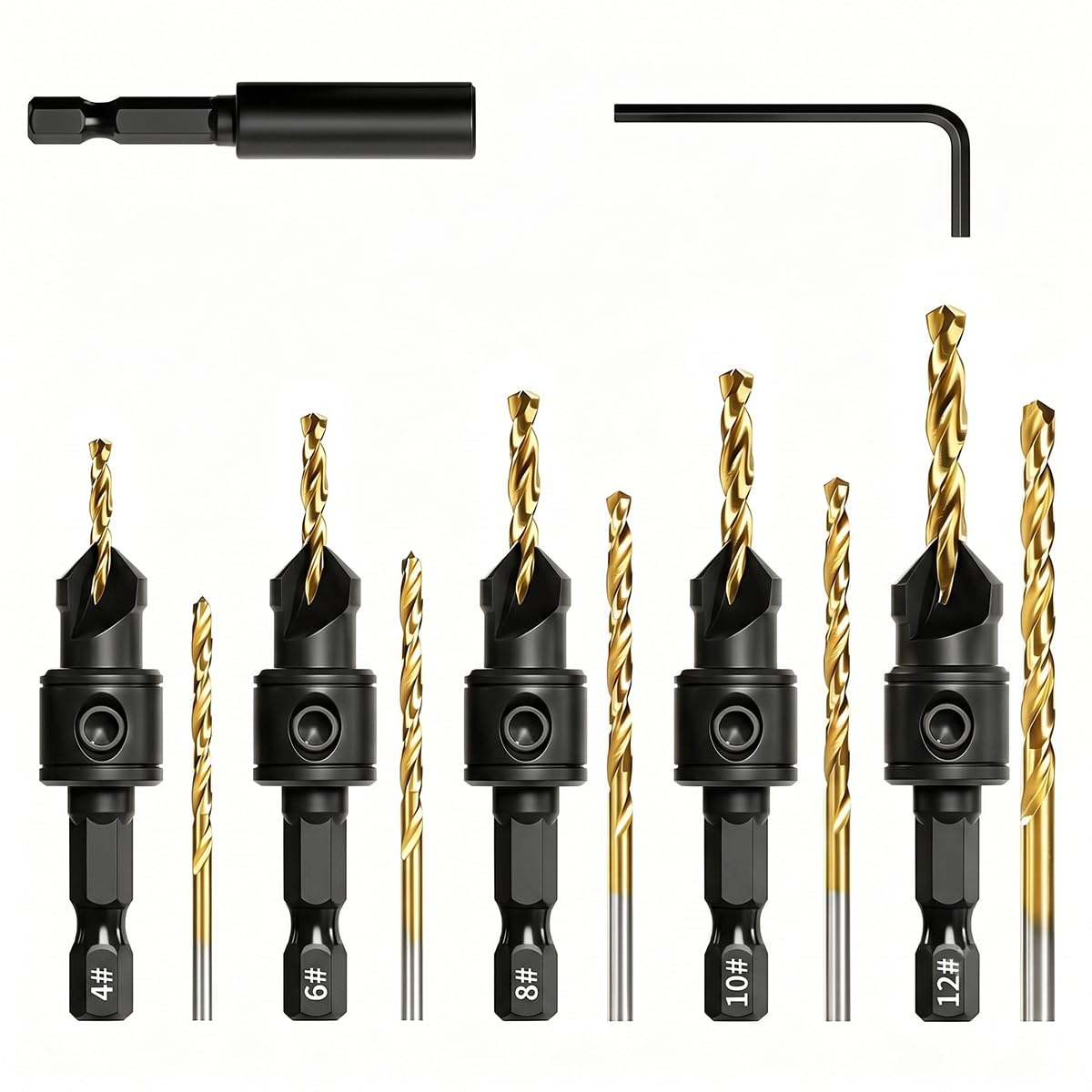 12 PCS Countersink Drill Bit Set, 82Β° Counter Sink Drill Bits for Wood, #4#6#8#10#12, Magnetic Extension Bit Holder with Adjustable Depth, Countersink bits, Hex Shank for Electric Drill