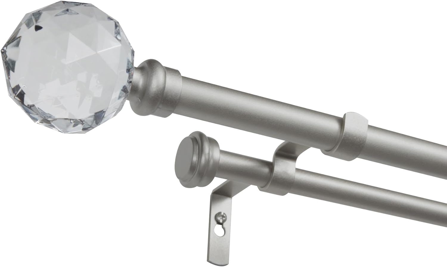 EXCLUSIVE HOME Crystal Ball Double Curtain Rod and Finial Set, Matte Silver, Adjustable 36"-72"
