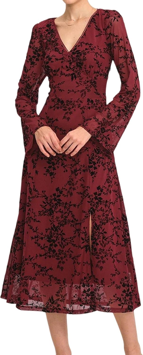 RIHOAS Fall Winter Wedding Guest Cocktail Dress - Elegant Sexy Floral V Neck Long Sleeve Flowy A Line Maxi Party Dress