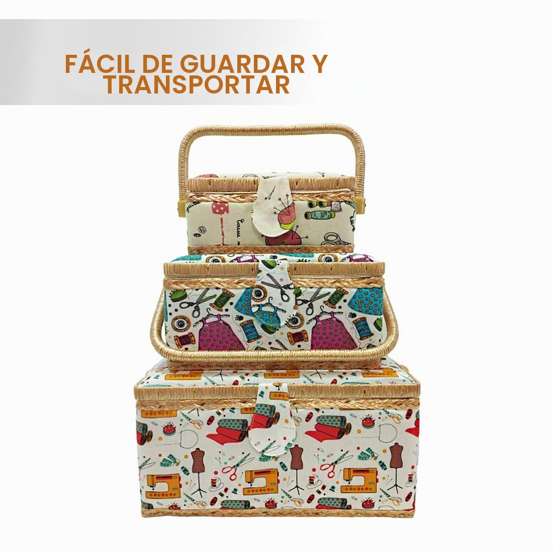 JYC CREATIVE Costurero Mediano de Madera con Accesorios, Caja de Costura Forrada en Tela con 8 Compartimentos, Organizador con Alfiletero, Caja con Asa, Bandeja para Accesorios, (Mediano, Máquina)